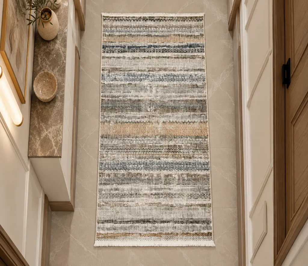 Warm Neutral Hallway with Textured Runner.webp