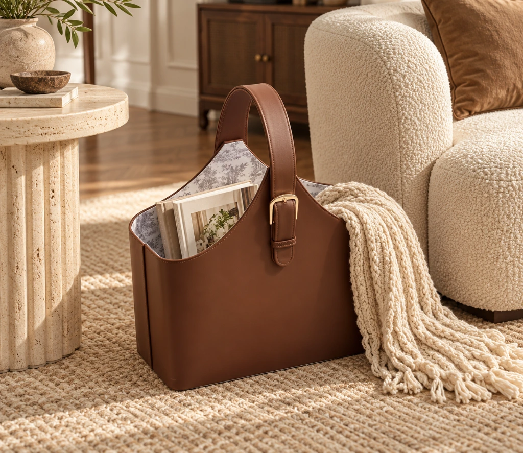 Cozy Leather Basket by Boucle Chair.webp