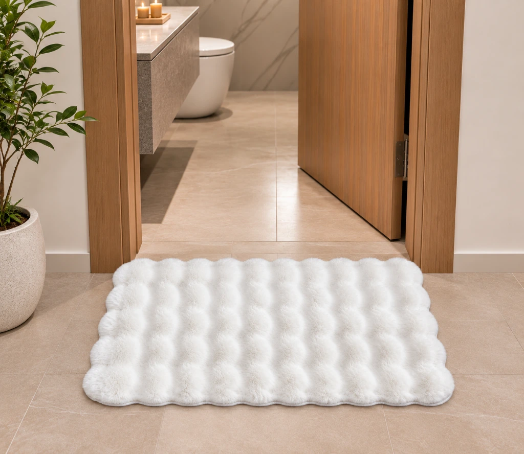 Warm Modern Bathroom with Plush White Rug.webp