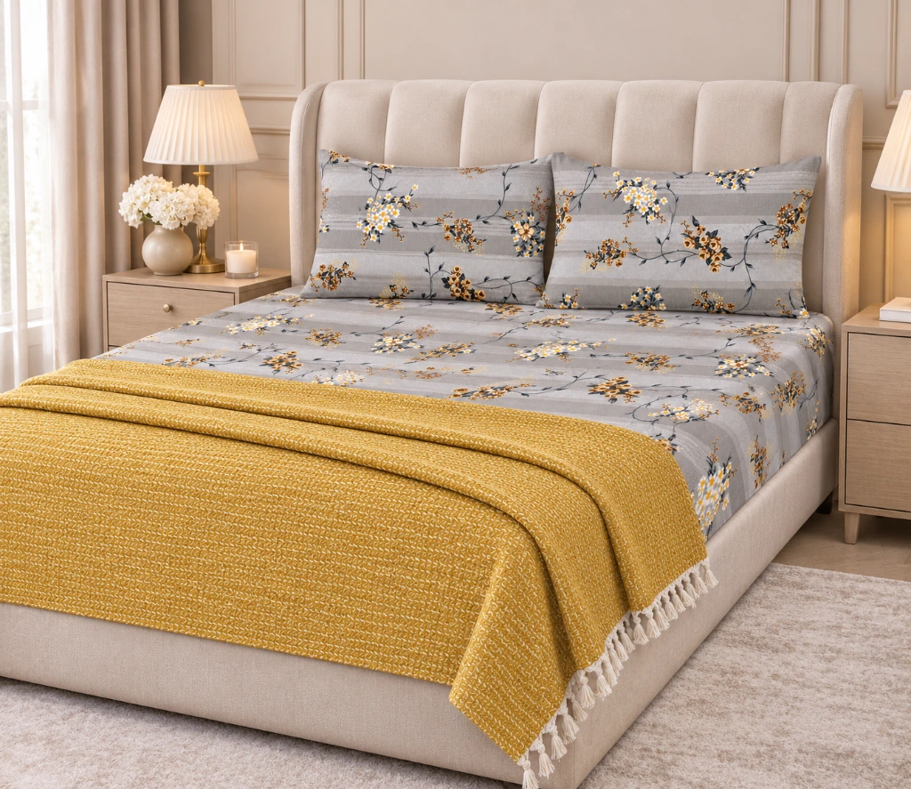 Elegant Floral Bedding with Mustard Throw.webp