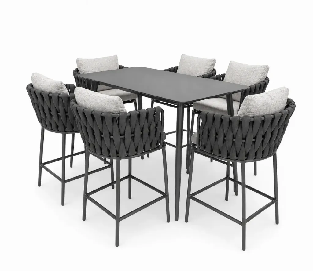 Aluminum Stool Table with 6 Dark Gray Foam Chairs
