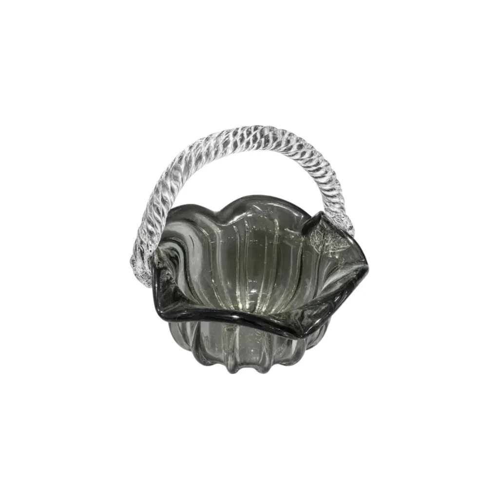 [9545-61 مزهرية بشكل سلة يدوية H366L] Ribbed Green Glass Basket with Twisted Handle (Green)