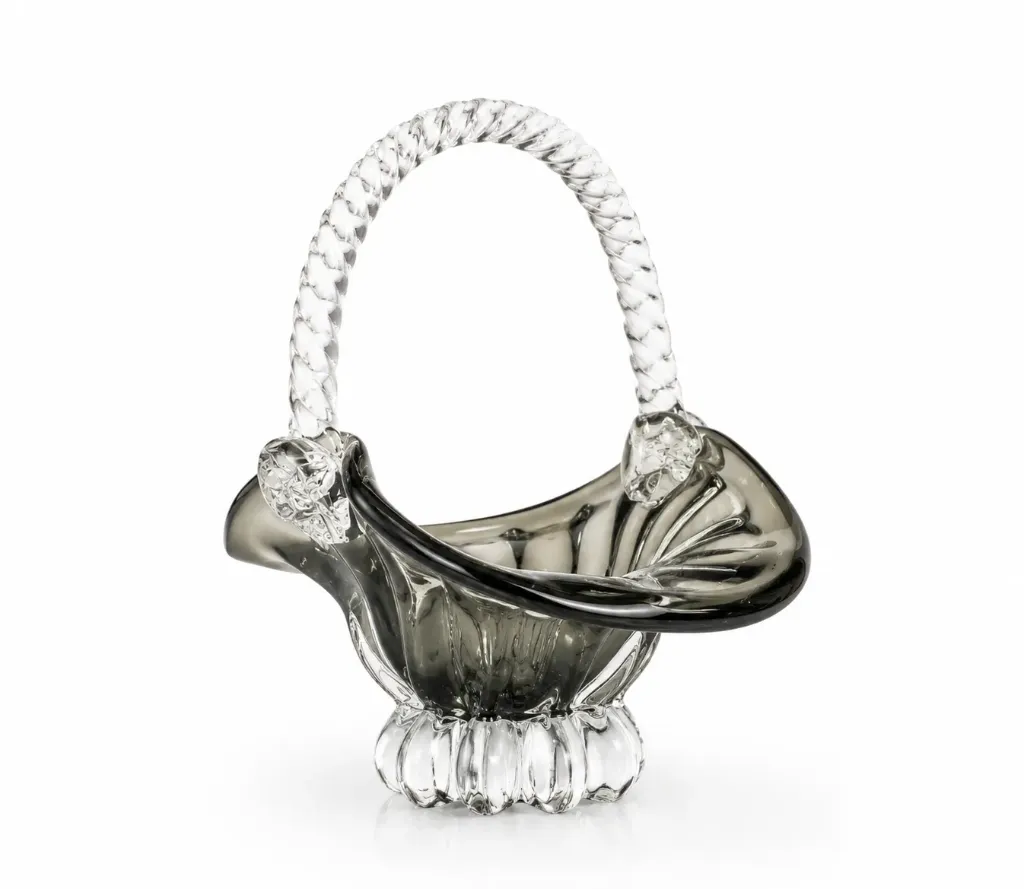 Ribbed Green Glass Basket with Twisted Handle