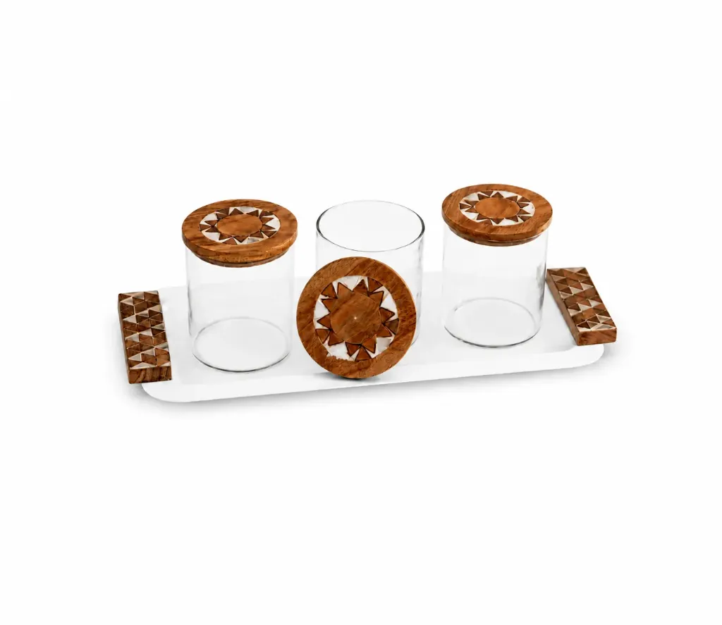 [Y.C029675] صينية أرابيسك مع 3 عبوات زجاجية (White)