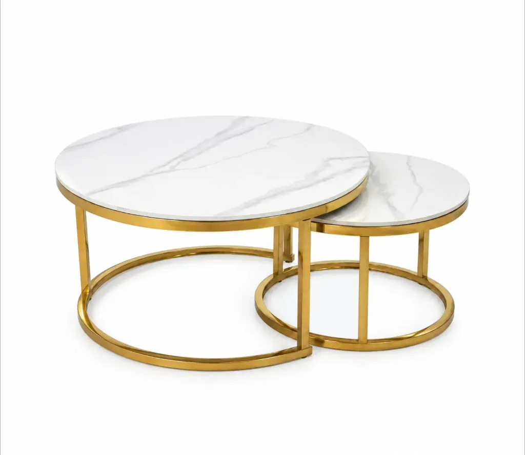 [AH_50استيل ذهبي وجه ابيض وسكني  80*80  60*60] طاولة وسط (Gold, Steel, White & Grey)