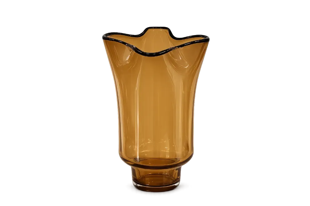 [BXV2432  9519_21] فازة زجاج لون بني بتصميم مموج بأطراف سوداء  (Small)